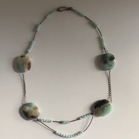 Vintage Amazonite nugget, liquid silver, sterling silver Necklace - Picture 4 of 8